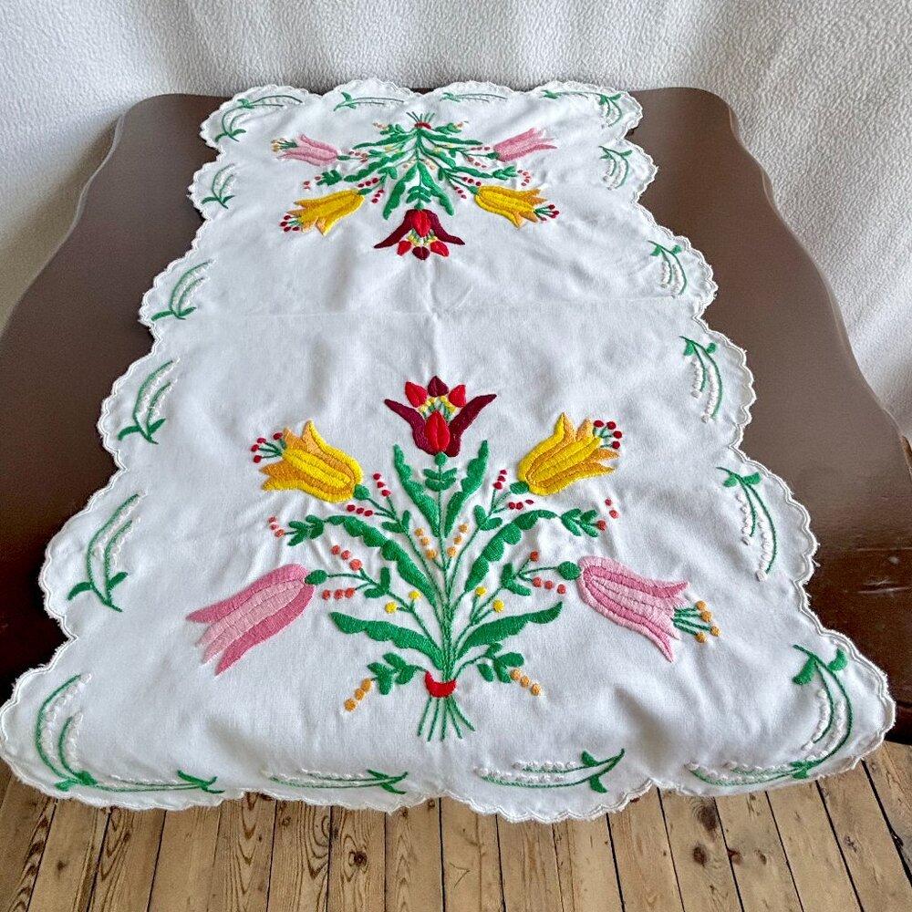 Hungarian Kalocsa Embroidered Floral Table Runner Tulips Lily of the Valley